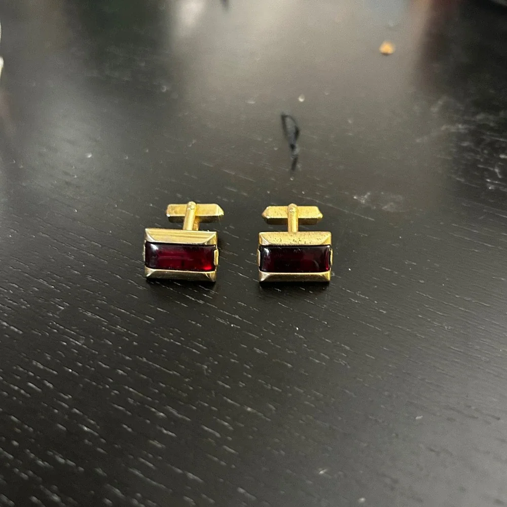 Swank Vintage Gold Tone Red Glass Stone Rectangular Cufflinks Mid Century Modern